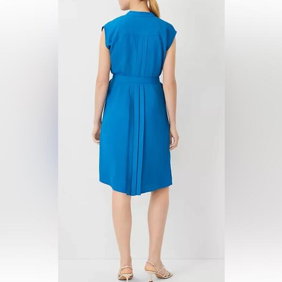 NWT* Ann Taylor Pleated Belted Button Front Cap Sleeve Dress Royal Blue Size 18 - Picture 3 of 15